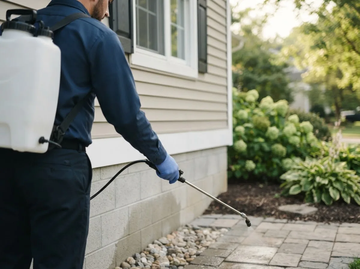 Pest control technician inspecting a home in Allport, PA